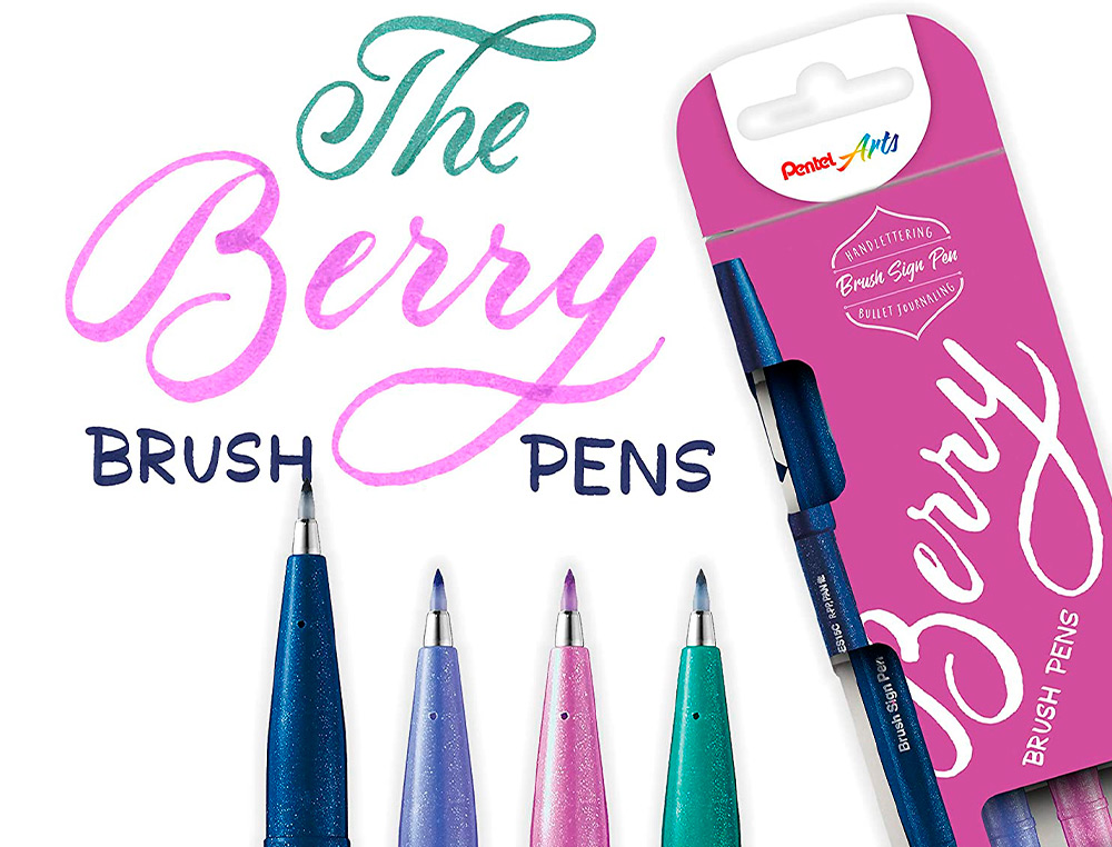 CANETA PINCEL PENTEL TOUCH EM BLISTER DE 4 CORES BERRY AZUL PRETO VIOLETA AZUL VERDE TURQUESA ROSA VIOLETA