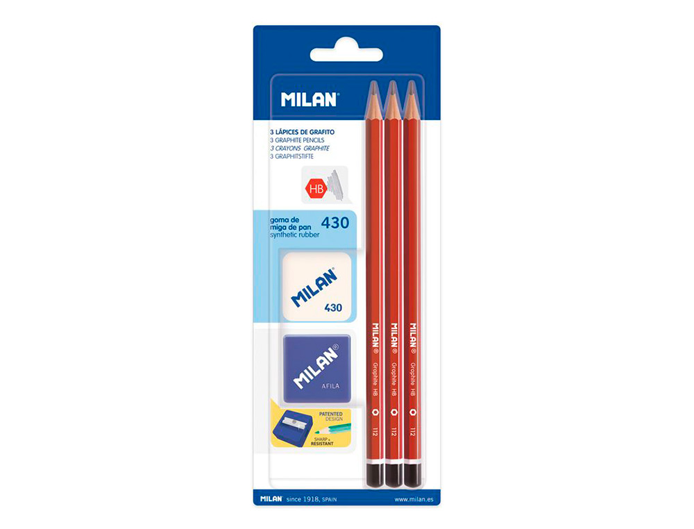 LAPIS DE GRAFITE MILAN HEXAGONAL HB + BORRACHA 430 + APARA LAPIS BLISTER DE 3 UNIDADES
