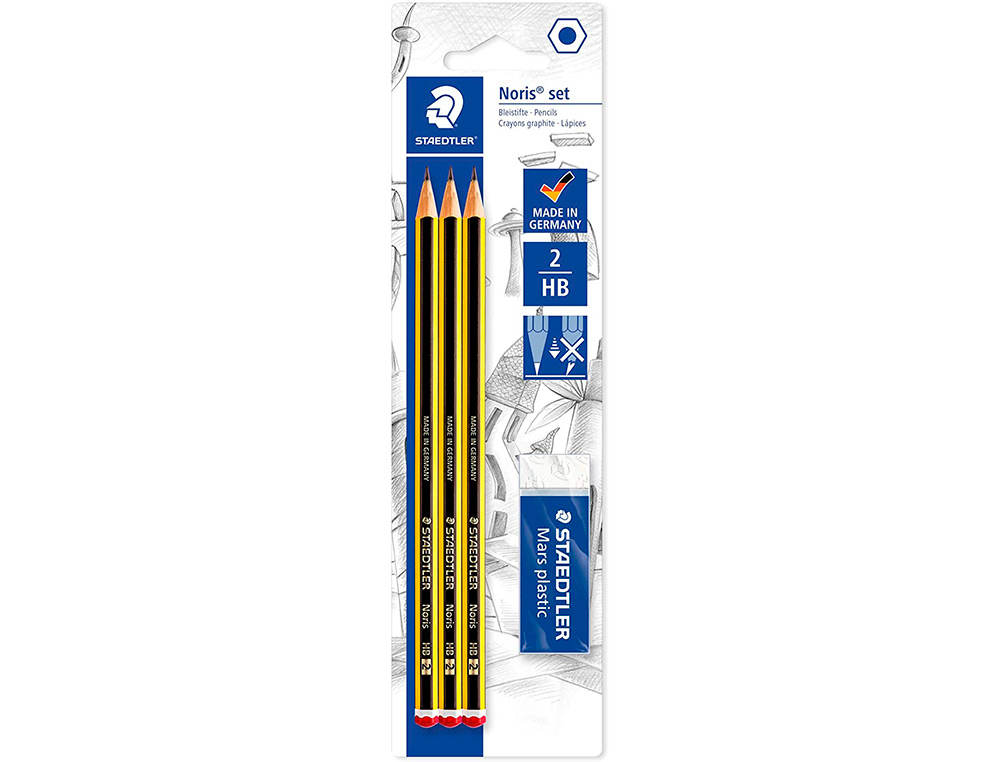 LAPIS DE GRAFITE STAEDTLER NORIS Nº2 HB BLISTER DE 3 UNIDADES + 1 BORRACHA MARS PLASTIC