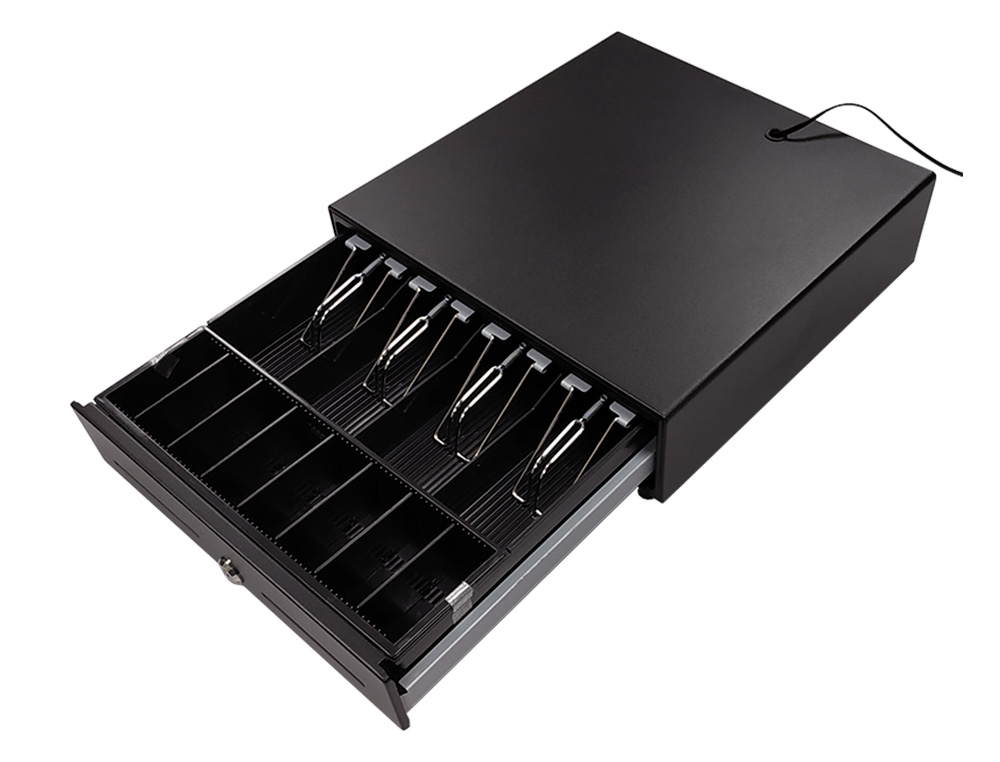 GAVETA DE DINHEIRO SEYPOS ELETRICO METALICO COMPARTIMENTOS 8 MOEDAS 4 NOTAS RANHURA FRONTAL FECHADURA COM CHAVE COR PRET