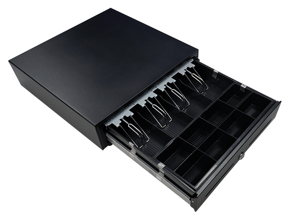 GAVETA DE DINHEIRO SEYPOS ELETRICO METALICO COMPARTIMENTOS 8 MOEDAS 5 NOTAS RANHURA FRONTAL FECHADURA COM CHAVE COM BOTA