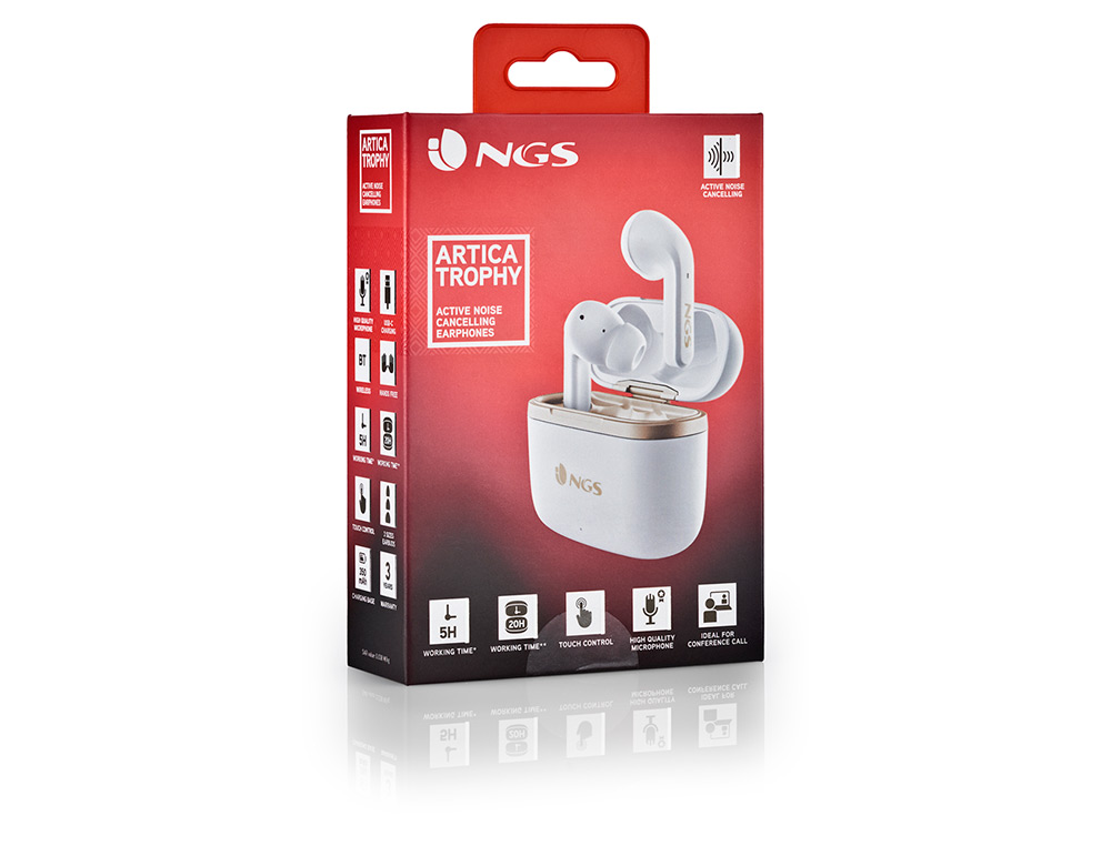 AURICULAR NGS ARTICA TROPHY SEM FIOS ALCANCE 10 M BASE DE CARGA CONTROLO TATIL AUTONOMIA 20 HORAS USB-C COR BRANCO