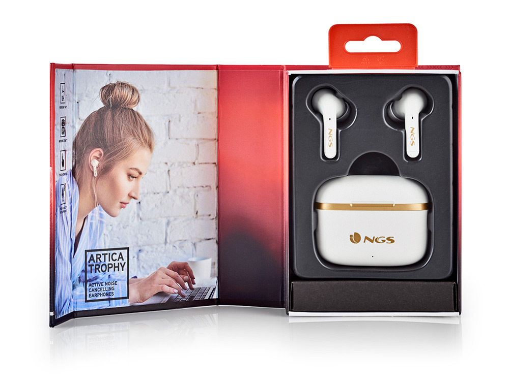 AURICULAR NGS ARTICA TROPHY SEM FIOS ALCANCE 10 M BASE DE CARGA CONTROLO TATIL AUTONOMIA 20 HORAS USB-C COR BRANCO