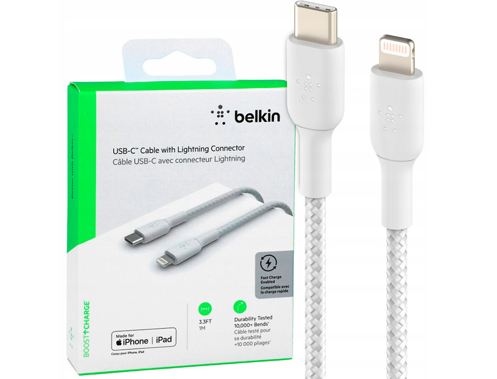 CABO TRANCADO BELKIN CAA004BT1MWH USB-C A LIGHTNING BOOST CHARGE COMPRIMENTO 1 M COR BRANCO