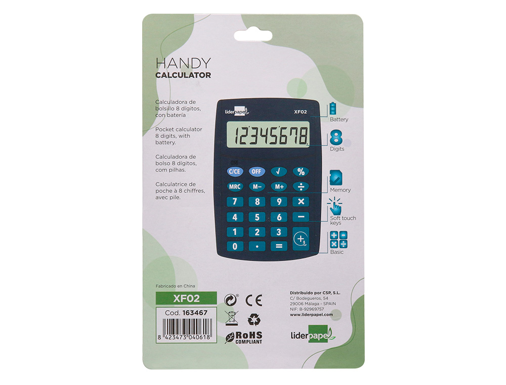 CALCULADORA LIDERPAPEL DE BOLSO XF02 8 DIGITOS PILHAS COR AZUL 99X64X9 MM