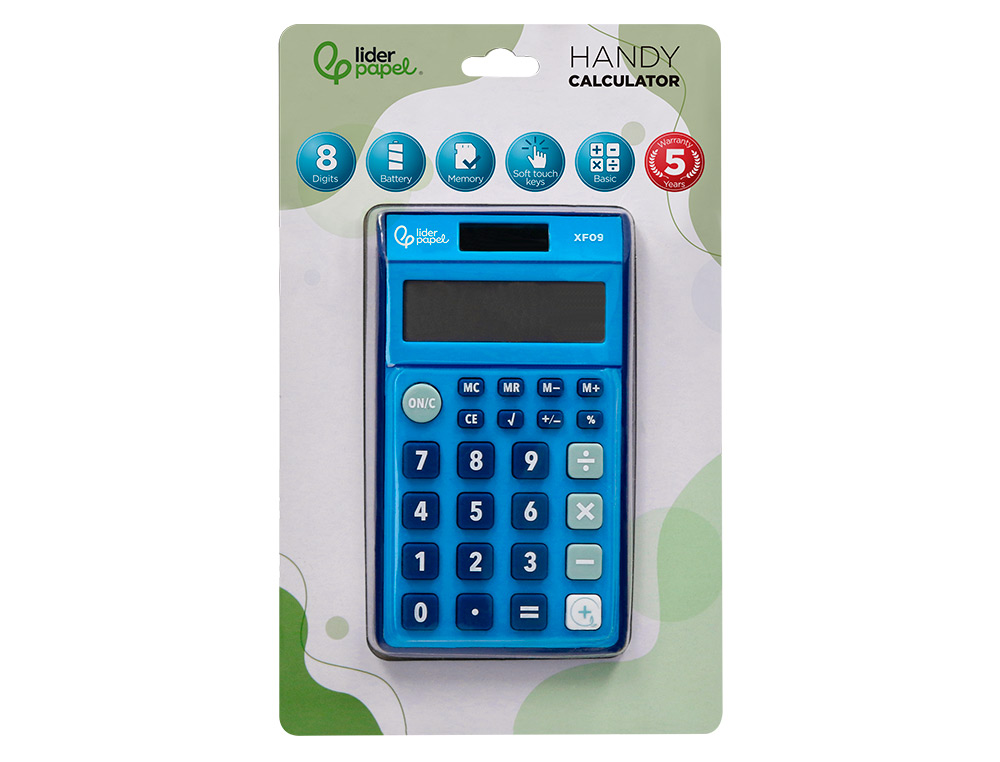 CALCULADORA LIDERPAPEL DE BOLSO XF09 8 DIGITOS SOLAR E PILHAS COR AZUL 115X65X8 MM