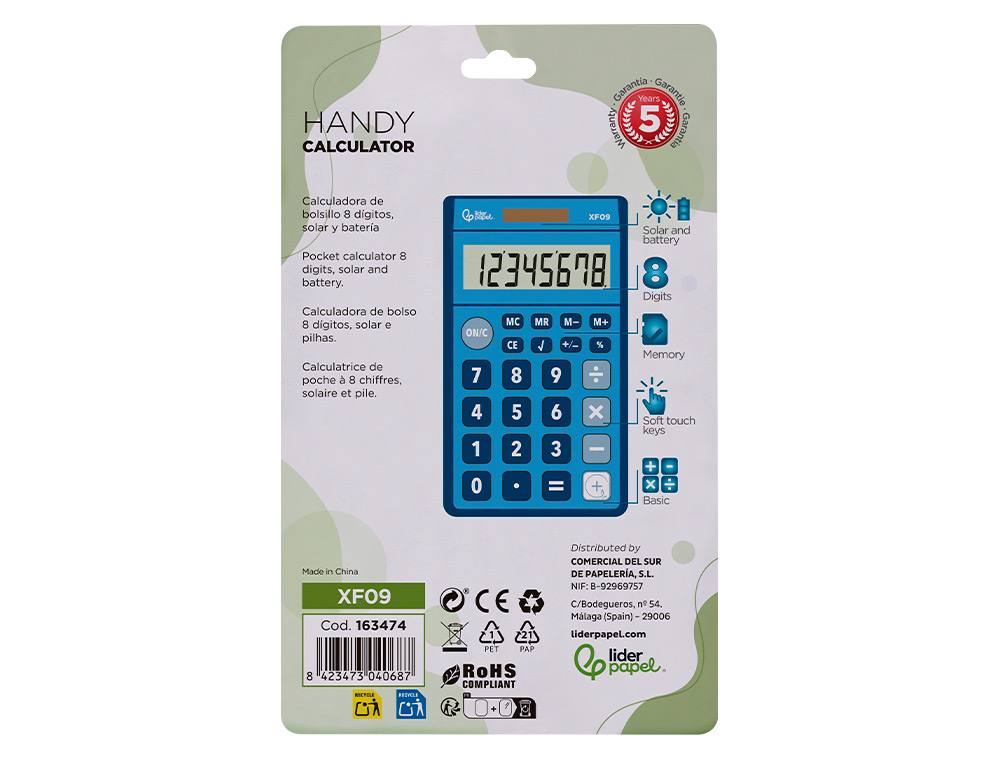 CALCULADORA LIDERPAPEL DE BOLSO XF09 8 DIGITOS SOLAR E PILHAS COR AZUL 115X65X8 MM