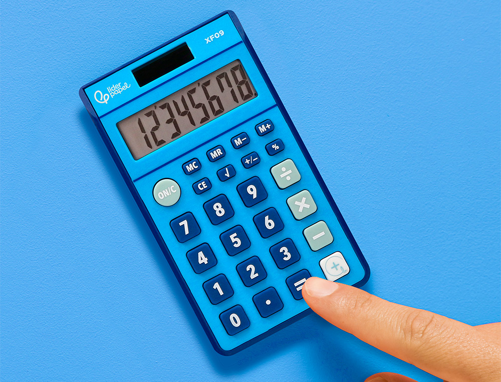 CALCULADORA LIDERPAPEL DE BOLSO XF09 8 DIGITOS SOLAR E PILHAS COR AZUL 115X65X8 MM