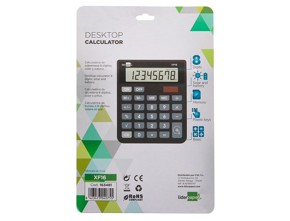 CALCULADORA LIDERPAPEL DE SECRETARIA XF16 8 DIGITOS SOLAR E PILHAS COR PRETO 127X105X24 MM