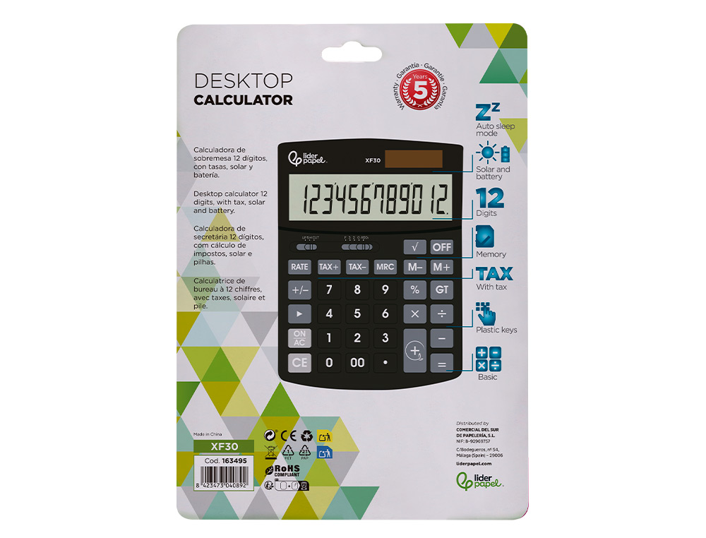 CALCULADORA LIDERPAPEL DE SECRETARIA XF30 12 DIGITOS TAXAS SOLAR E PILHAS COR PRETO 190X140X25 MM