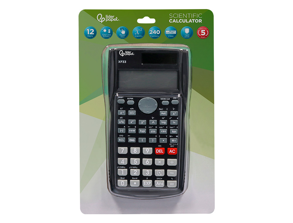 CALCULADORA LIDERPAPEL CIENTIFICA XF33 12 DIGITOS 240 FUNCOES COM TAMPA SOLAR E PILHAS COR PRETO 156X85X20 MM
