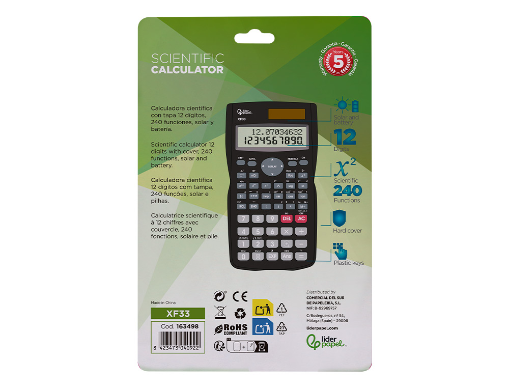 CALCULADORA LIDERPAPEL CIENTIFICA XF33 12 DIGITOS 240 FUNCOES COM TAMPA SOLAR E PILHAS COR PRETO 156X85X20 MM