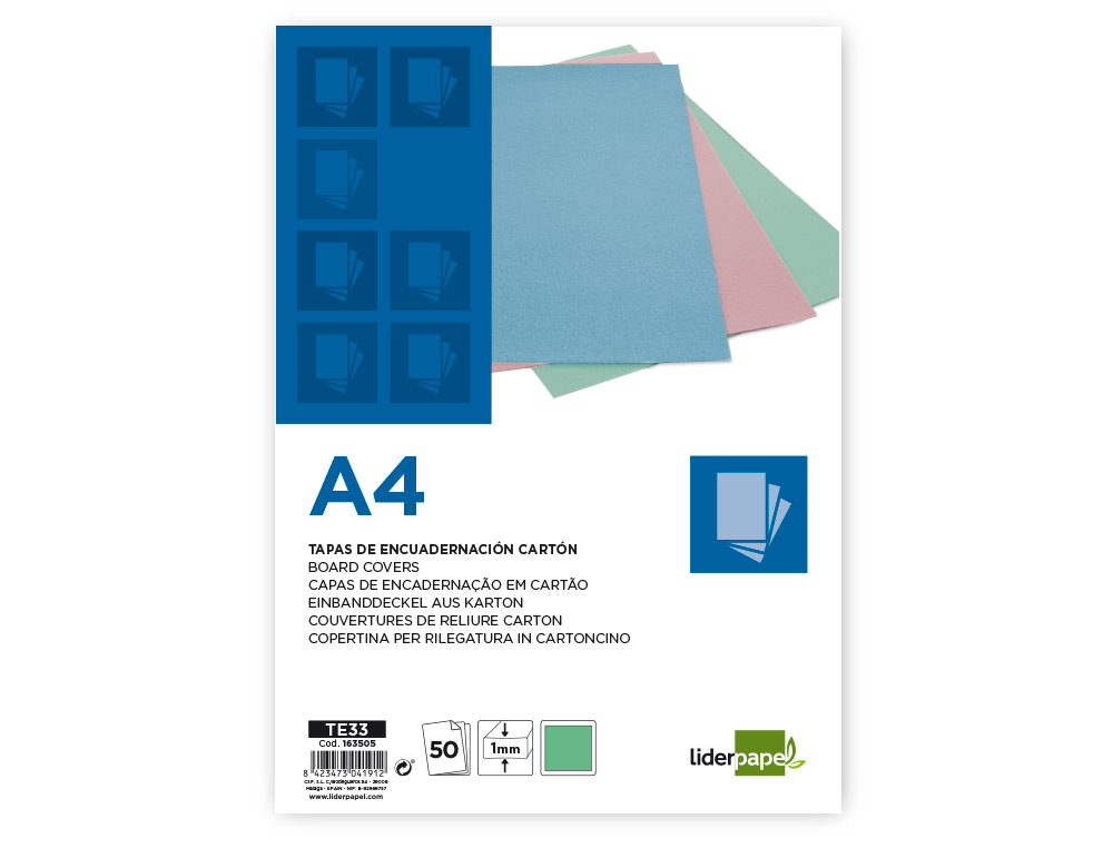 CAPA DE ENCADERNACAO LIDERPAPEL CARTAO DIN A4 1 MM VERDE MENTA PACK DE 50 UNIDADES