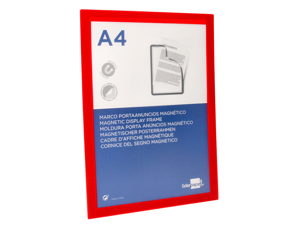 MOLDURA PORTA ANUNCIOS LIDERPAPEL MAGNETICA DIN A4 SUPORTE ADESIVO REMOVIVEL COR VERMELHO