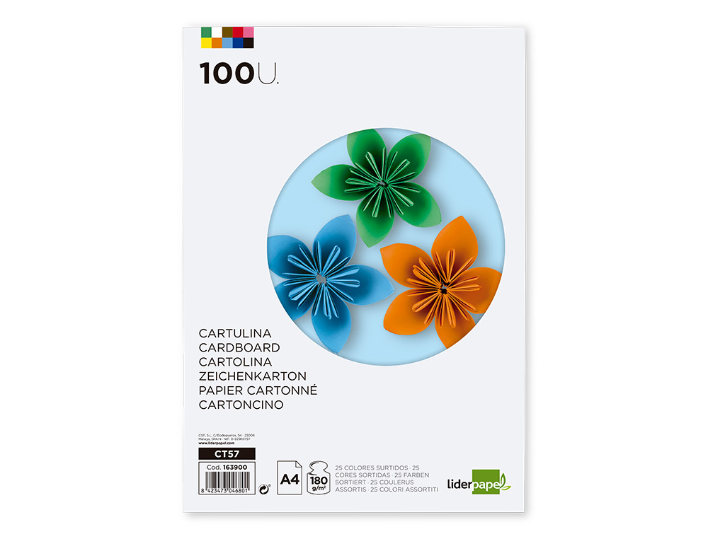 CARTOLINA LIDERPAPEL DIN A4 180 GR 25 CORES SORTIDAS PACK DE 100 UNIDADES