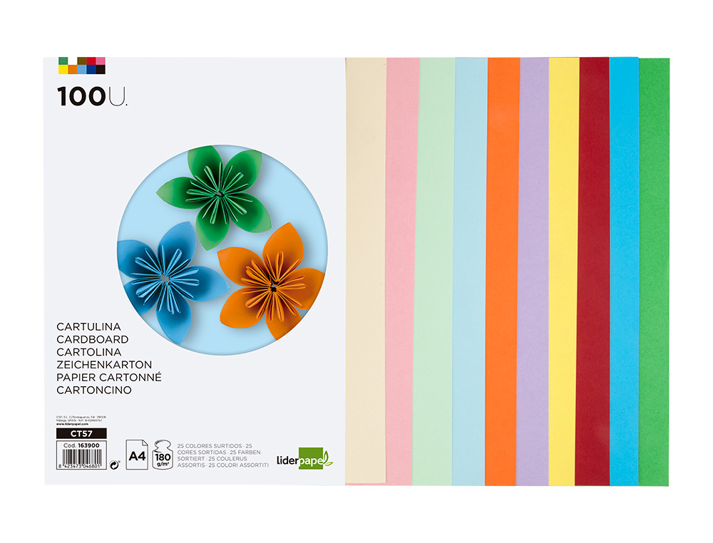 CARTOLINA LIDERPAPEL DIN A4 180 GR 25 CORES SORTIDAS PACK DE 100 UNIDADES