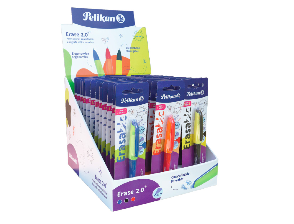 EXPOSITOR PELIKAN DE SECRETARIA ERASE 2.0 CONTEUDO 60 ROLLERS CORES SORTIDAS E 36 RECARGAS CORES SORTIDAS