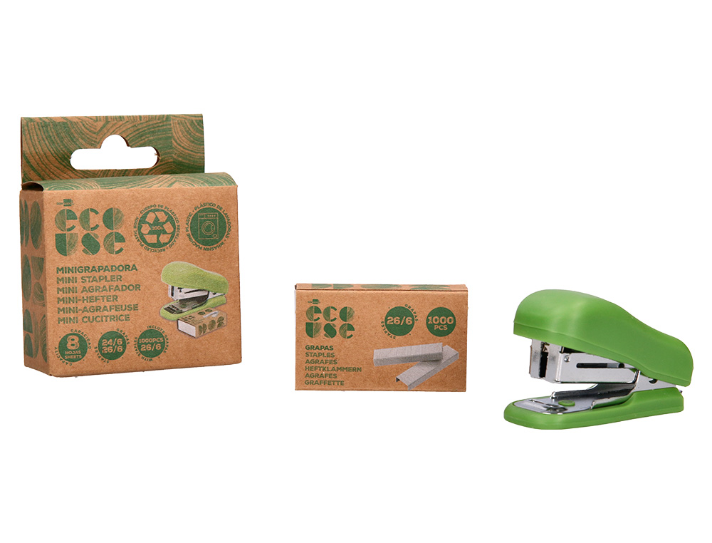 AGRAFADOR LIDERPAPEL ECOUSE MINI CAPACIDADE 12 FOLHAS 100% PLASTICO RECICLADO COM CAIXA DE 1000 AGRAFES 26/6