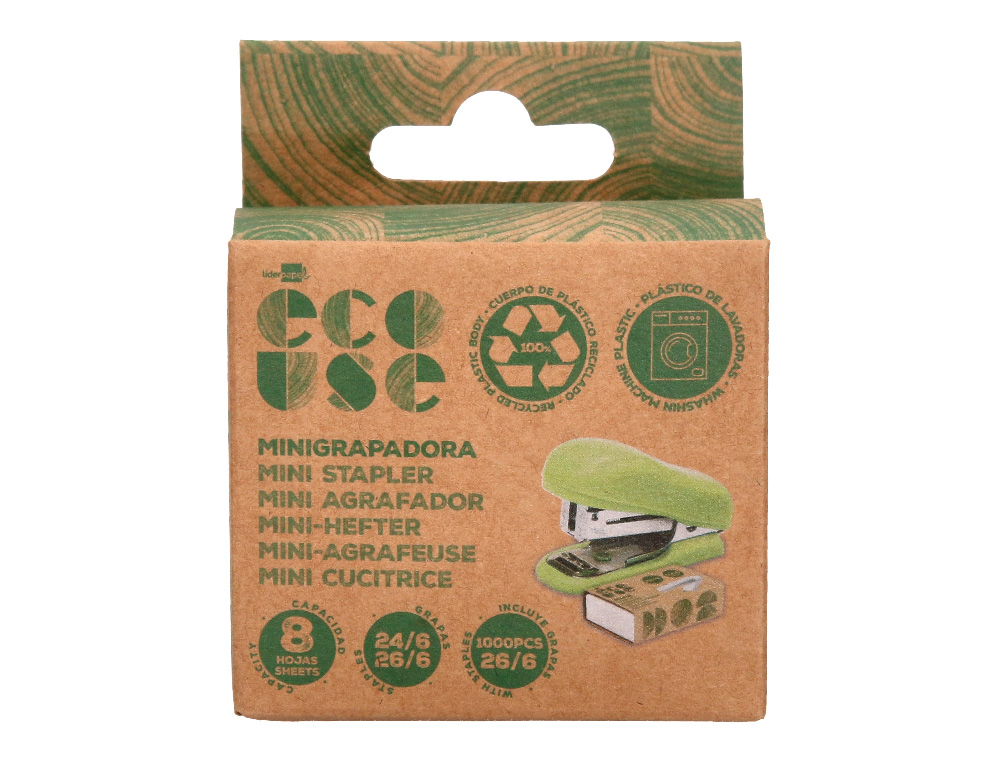 AGRAFADOR LIDERPAPEL ECOUSE MINI CAPACIDADE 12 FOLHAS 100% PLASTICO RECICLADO COM CAIXA DE 1000 AGRAFES 26/6