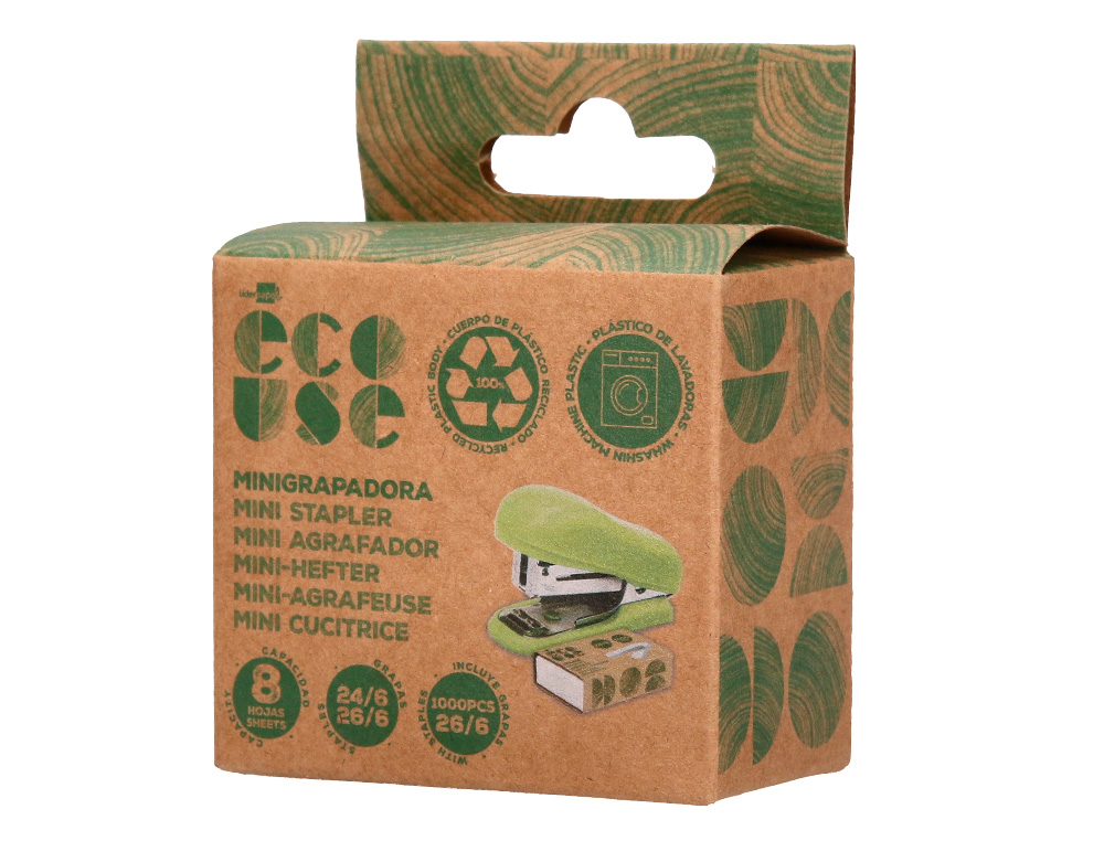 AGRAFADOR LIDERPAPEL ECOUSE MINI CAPACIDADE 12 FOLHAS 100% PLASTICO RECICLADO COM CAIXA DE 1000 AGRAFES 26/6
