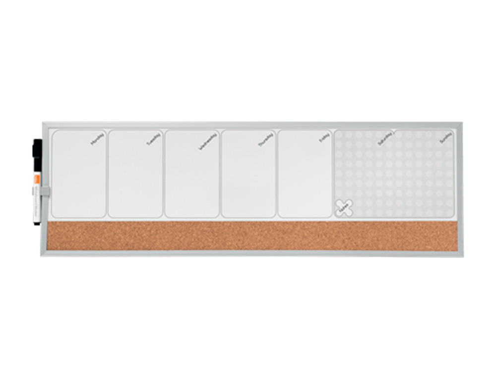 PLANIFICADOR SEMANAL NOBO MAGNETICO + TABULEIRO DE CORTICA HORIZONTAL COM MOLDURA DE ALUMINIO 585X190 MM