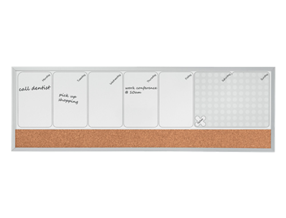 PLANIFICADOR SEMANAL NOBO MAGNETICO + TABULEIRO DE CORTICA HORIZONTAL COM MOLDURA DE ALUMINIO 585X190 MM