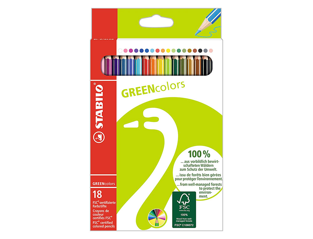 LAPIS DE COR STABILO GREEN COLORS COM CERTIFICADO FSC ESTOJO DE CARTAO DE 18 UNIDADES CORES SORTIDAS