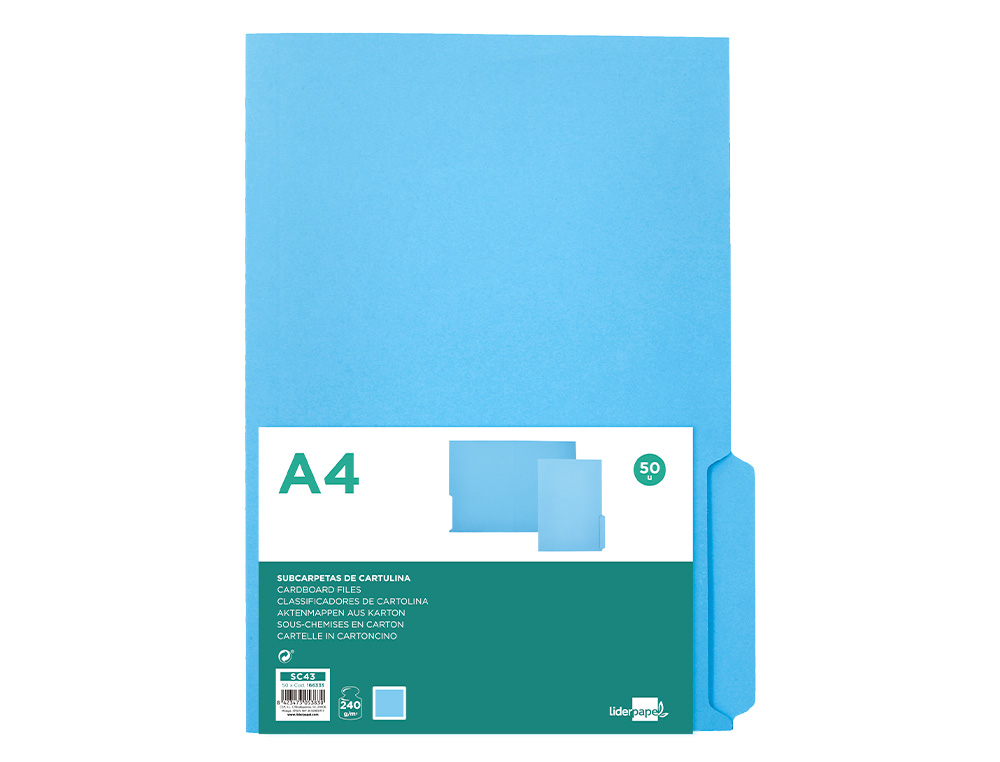 CLASSIFICADOR LIDERPAPEL EM CARTOLINA DIN A4 PESTANA DIREITA 240G/M2 AZUL