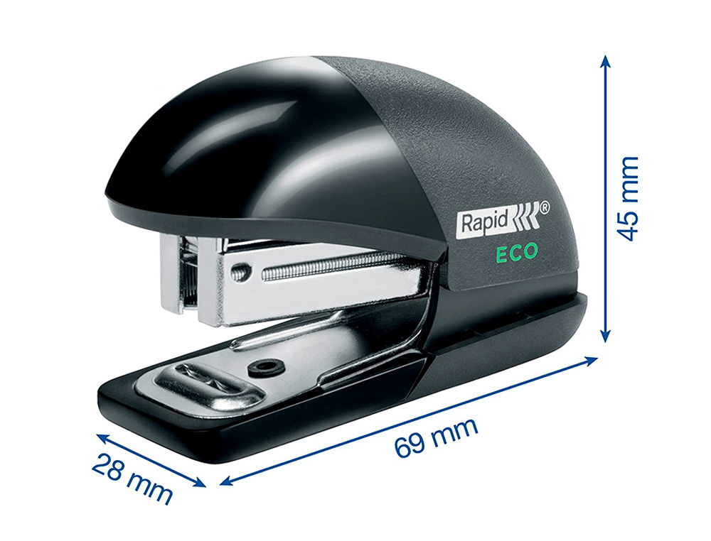 AGRAFADOR RAPID MINI FASHION ECO PLASTICO 100% RECICLADO CAPACIDADE 10 FOLHAS USA AGRAFES 24/6 E 26/6 COR PRETO