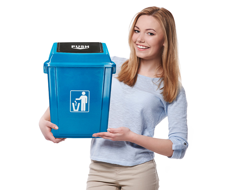 CONTENTOR DE LIXO Q-CONNECT PLASTICO COM TAMPA DE EMPURRAR 20 LITROS 340X240X450 MM AZUL