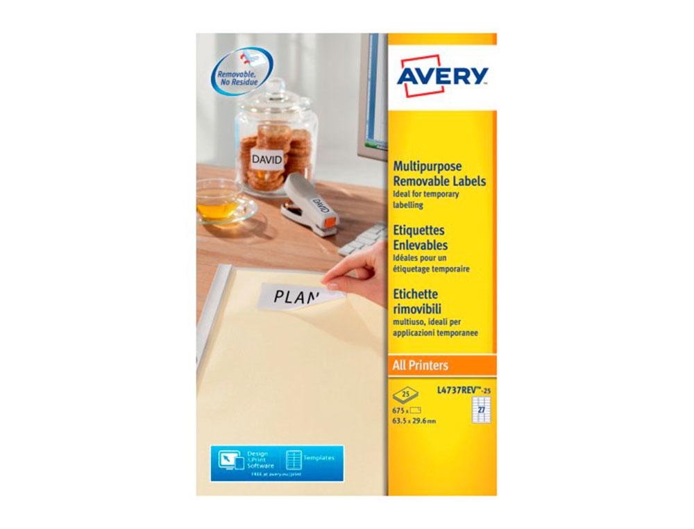 ETIQUETA ADESIVA AVERY BRANCA REMOVIVEL IMPRESSORA LASER INJECAO DE TINTA E FOTOCOPIADORA 63,5X29,6 MM CAIXA DE 675 UDS