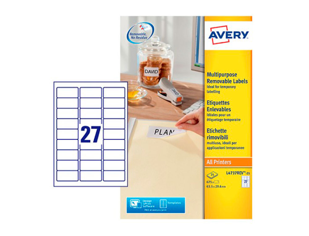 ETIQUETA ADESIVA AVERY BRANCA REMOVIVEL IMPRESSORA LASER INJECAO DE TINTA E FOTOCOPIADORA 63,5X29,6 MM CAIXA DE 675 UDS