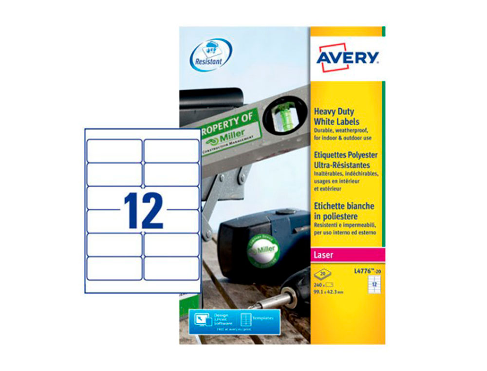 ETIQUETA ADESIVA AVERY POLIESTER BRANCO PARA IMPRESSORA LASER 99,1X42,3 MM CAIXA DE 240 UNIDADES