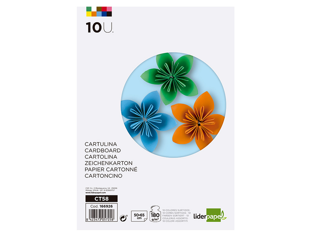 CARTOLINA LIDERPAPEL 50X65 CM 180 GR 10 CORES SORTIDAS PACK DE 10 UNIDADES
