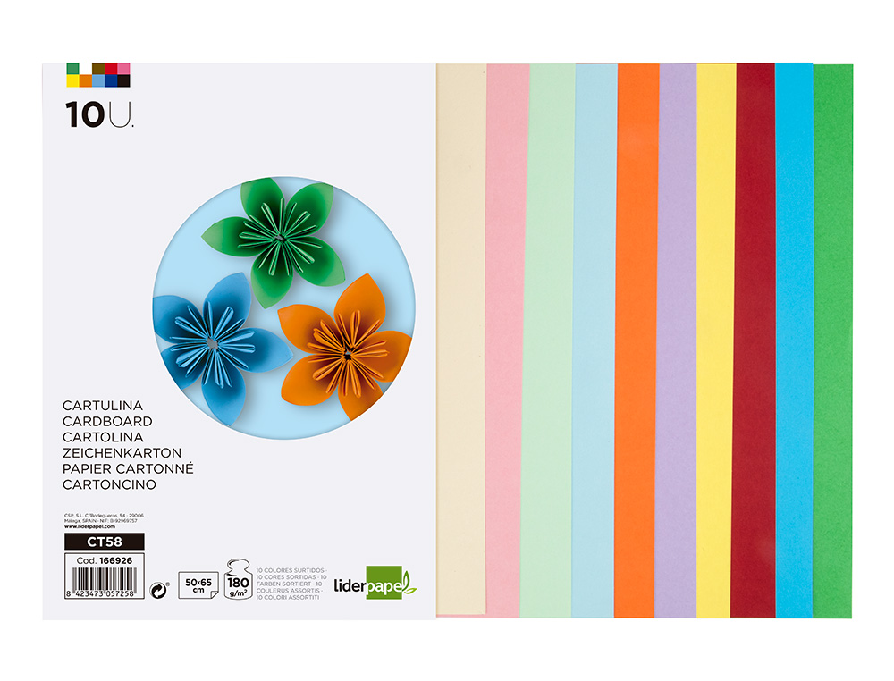 CARTOLINA LIDERPAPEL 50X65 CM 180 GR 10 CORES SORTIDAS PACK DE 10 UNIDADES