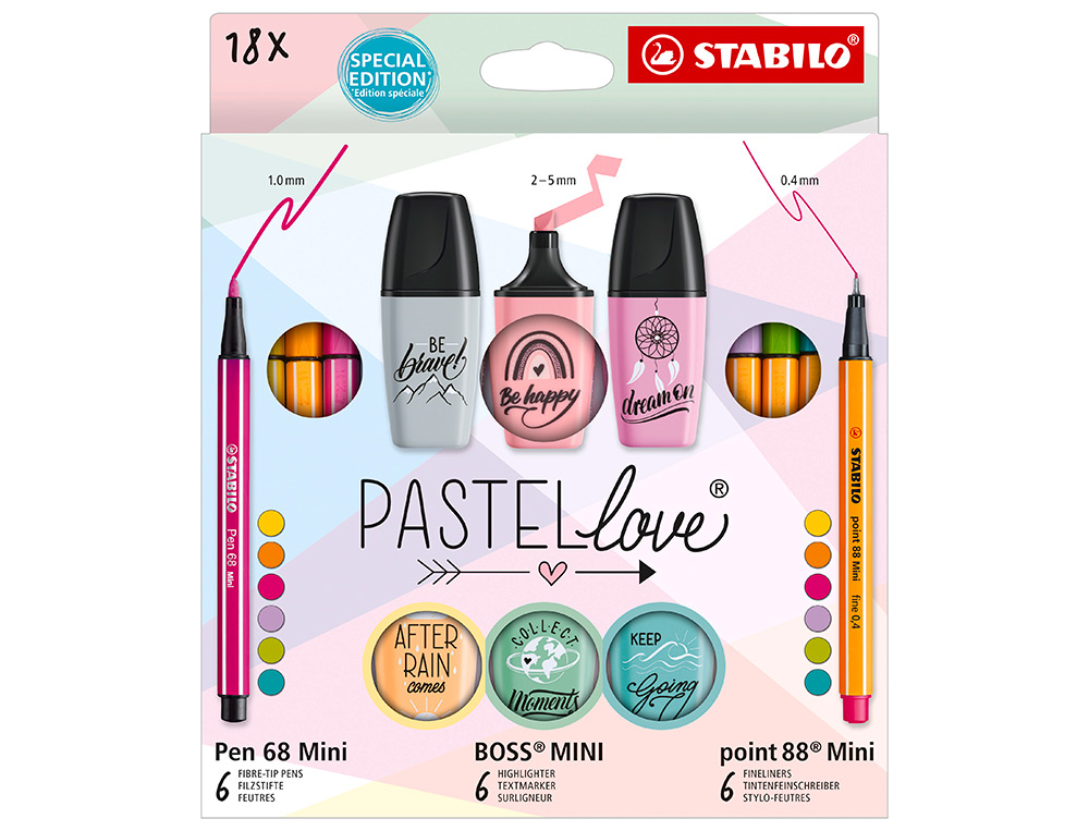 CONJUNTO STABILO PASTEL LOVE MINI WORLD PEN 68 / POINT 88 / BOSS 18 UNIDADES SORTIDAS