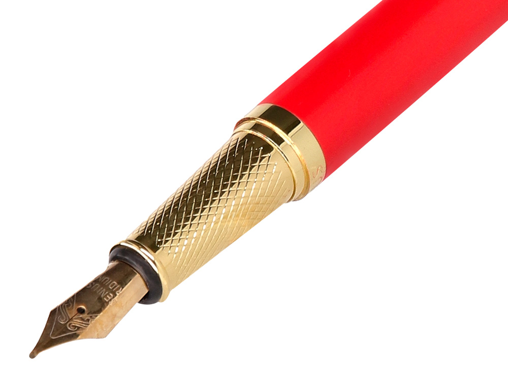 CANETA BELIUS PASSION DOR ALUMINIO TEXTURA ESCOVADO DESENHO VERMELHO E DOURADO TINTA AZUL CAIXA DESIGN