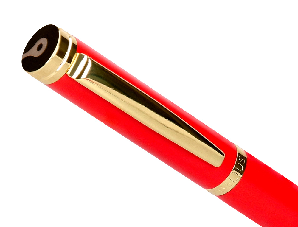 CANETA BELIUS PASSION DOR ALUMINIO TEXTURA ESCOVADO DESENHO VERMELHO E DOURADO TINTA AZUL CAIXA DESIGN