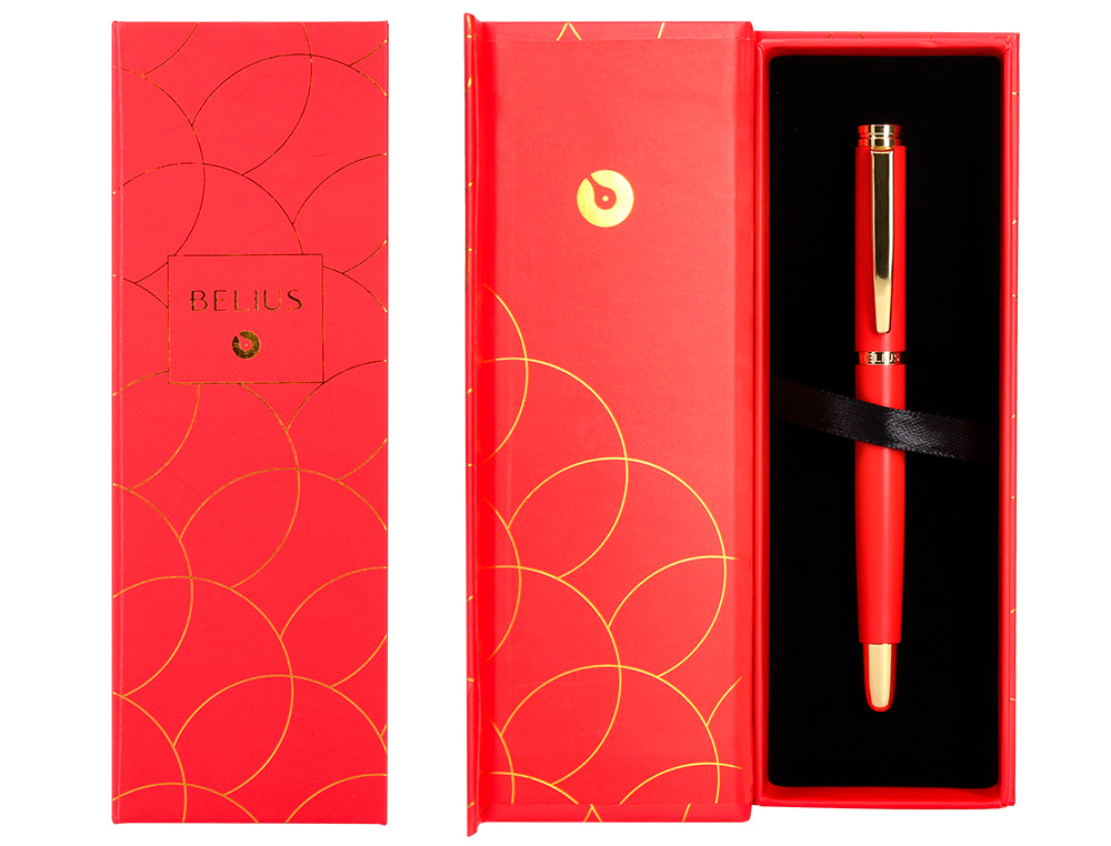 CANETA BELIUS PASSION DOR ALUMINIO TEXTURA ESCOVADO DESENHO VERMELHO E DOURADO TINTA AZUL CAIXA DESIGN
