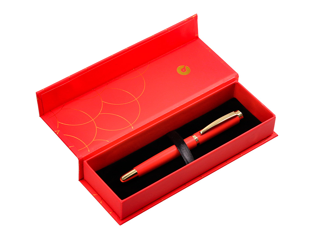 CANETA BELIUS PASSION DOR ALUMINIO TEXTURA ESCOVADO DESENHO VERMELHO E DOURADO TINTA AZUL CAIXA DESIGN