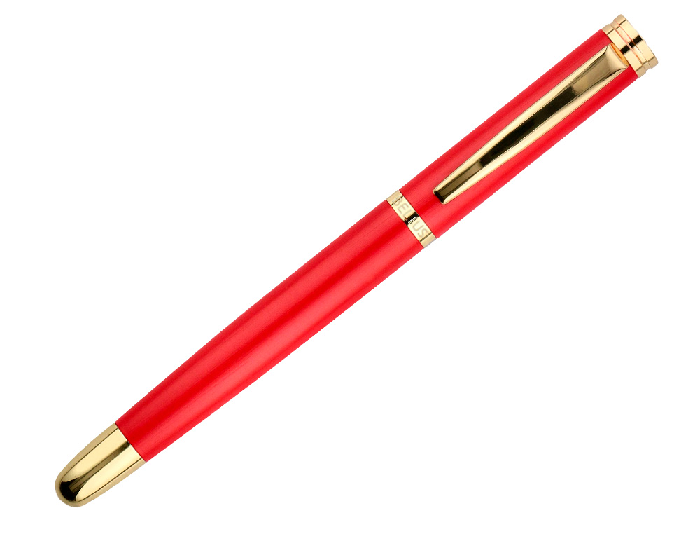CANETA BELIUS PASSION DOR ALUMINIO TEXTURA ESCOVADO DESENHO VERMELHO E DOURADO TINTA AZUL CAIXA DESIGN