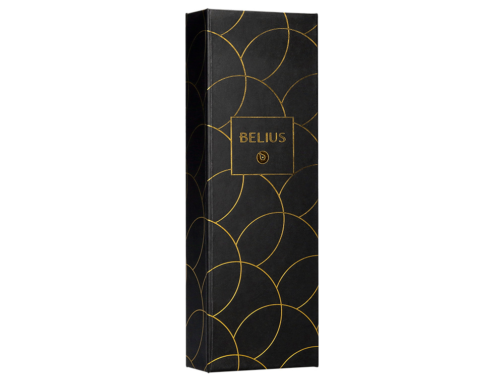 ESFEROGRAFICA BELIUS PASSION DOR ALUMINIO TEXTURA ESCOVADO DESENHO PRETO E DOURADO TINTA AZUL CAIXA DESIGN