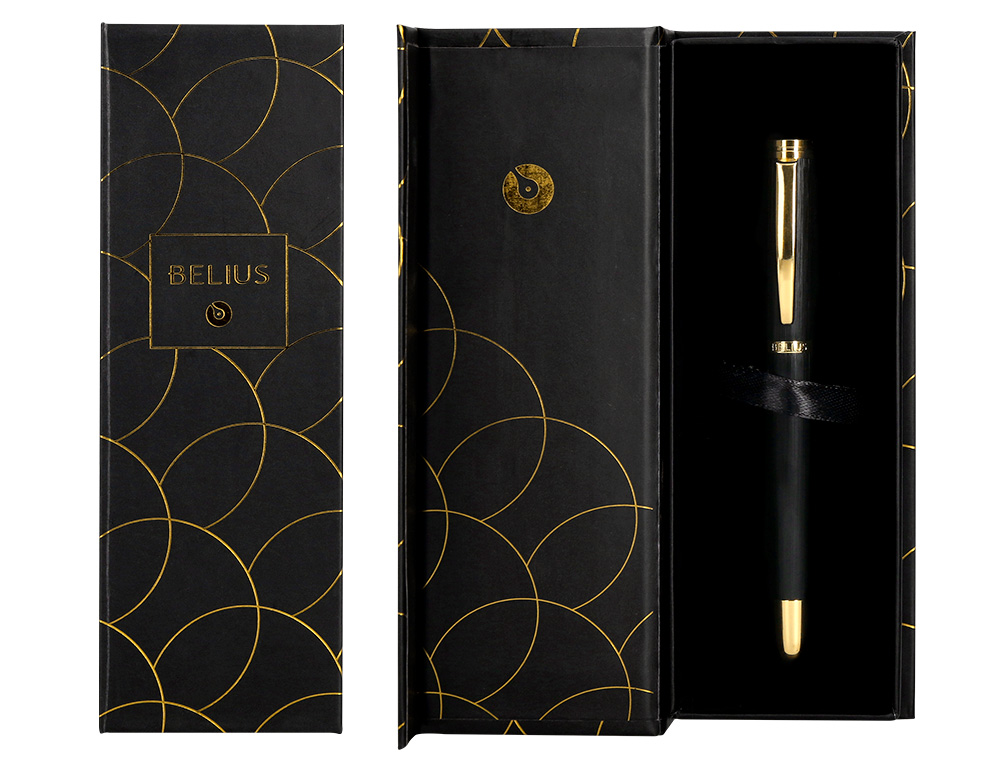ESFEROGRAFICA BELIUS PASSION DOR ALUMINIO TEXTURA ESCOVADO DESENHO PRETO E DOURADO TINTA AZUL CAIXA DESIGN