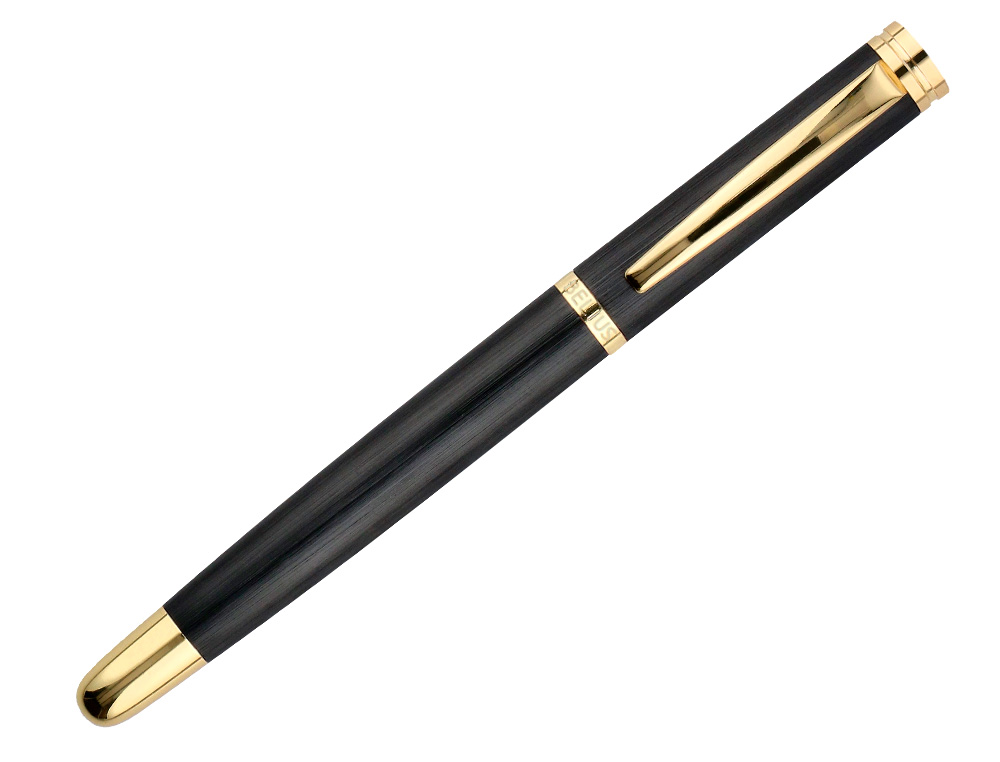 ESFEROGRAFICA BELIUS PASSION DOR ALUMINIO TEXTURA ESCOVADO DESENHO PRETO E DOURADO TINTA AZUL CAIXA DESIGN