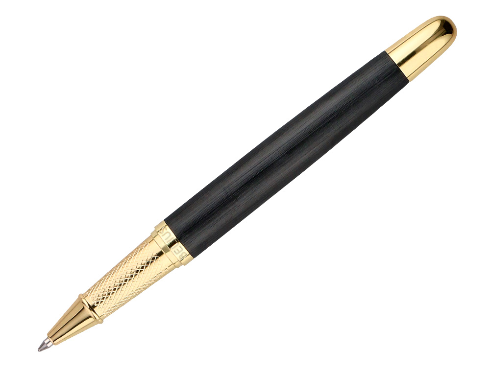 ESFEROGRAFICA BELIUS PASSION DOR ALUMINIO TEXTURA ESCOVADO DESENHO PRETO E DOURADO TINTA AZUL CAIXA DESIGN
