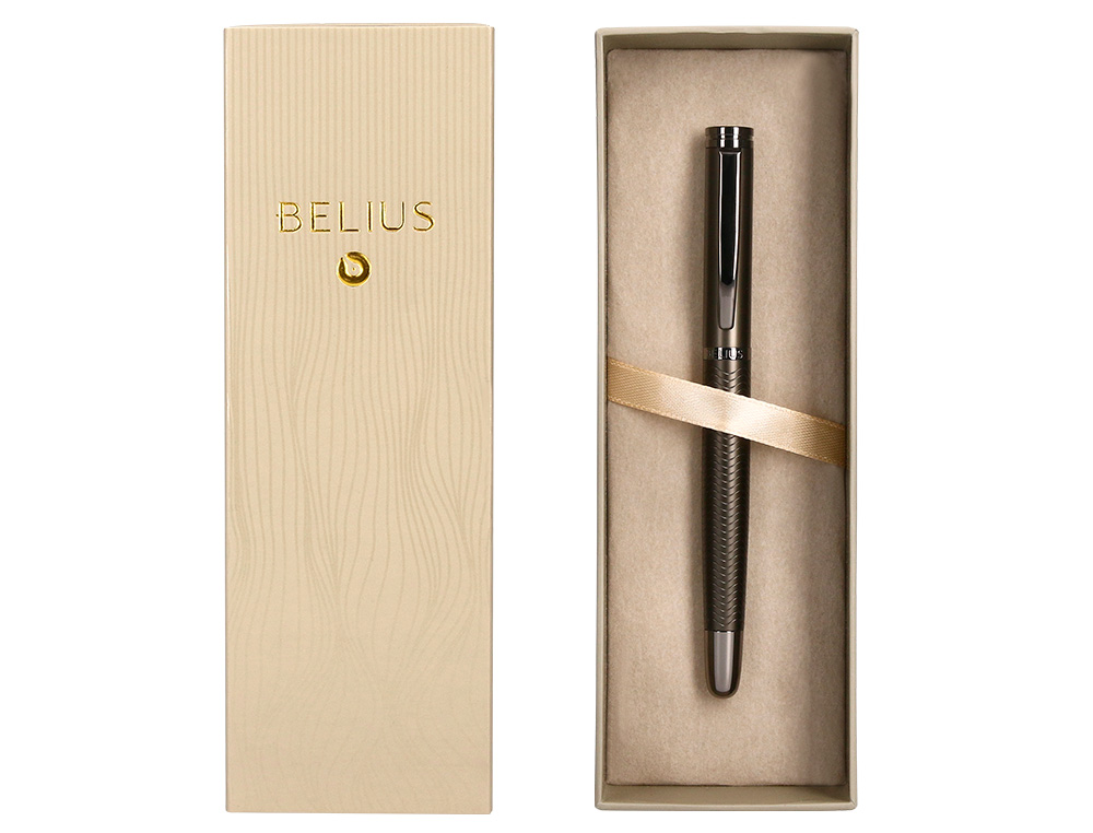 CANETA BELIUS NEPTUNO ALUMINIO TEXTURA WAVY COR CAQUI TINTA AZUL CAIXA DESIGN