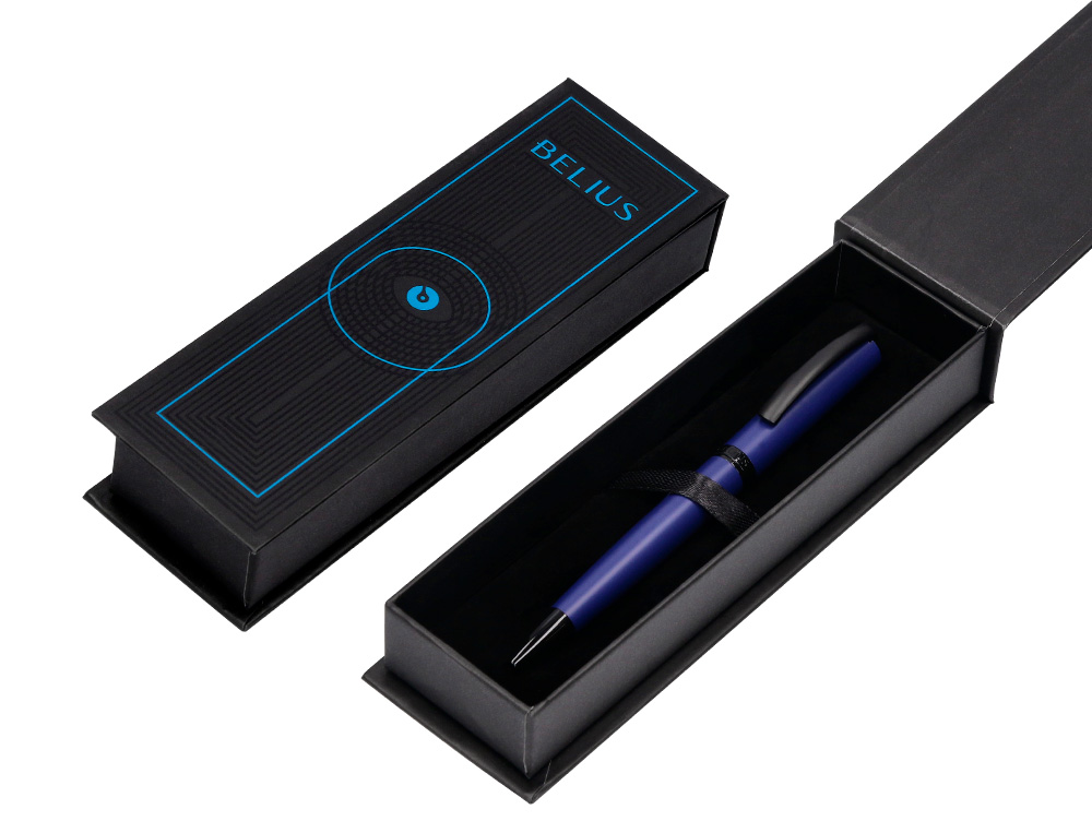 ESFEROGRAFICA BELIUS TURBO ALUMINIO DESENHO AZUL E PRETO TINTA AZUL CAIXA DESIGN