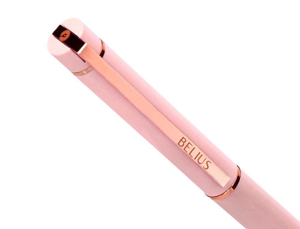 ESFEROGRAFICA BELIUS ROSE ALUMINIO DESENHO ROSA OURO ROSA TINTA AZUL CAIXA DESIGN
