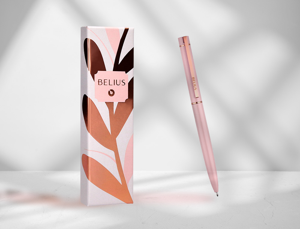 ESFEROGRAFICA BELIUS ROSE ALUMINIO DESENHO ROSA OURO ROSA TINTA AZUL CAIXA DESIGN