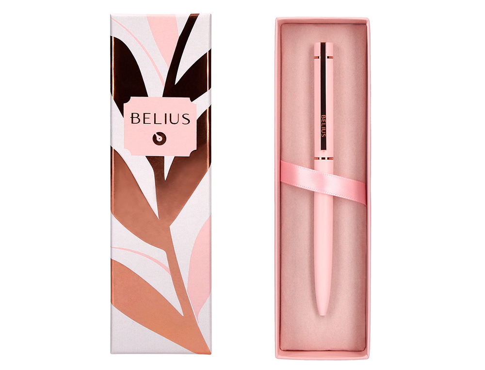ESFEROGRAFICA BELIUS ROSE ALUMINIO DESENHO ROSA OURO ROSA TINTA AZUL CAIXA DESIGN
